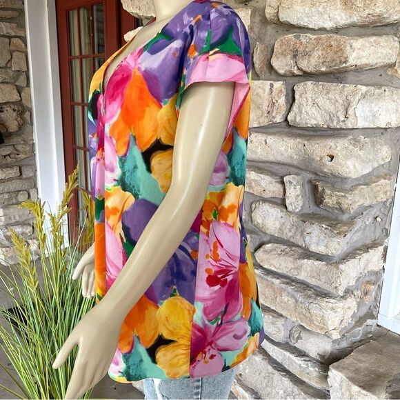 Lauren Ralph Lauren Size Large Watercolor Floral Print Crepe Tunic Blouse - Picture 4 of 12
